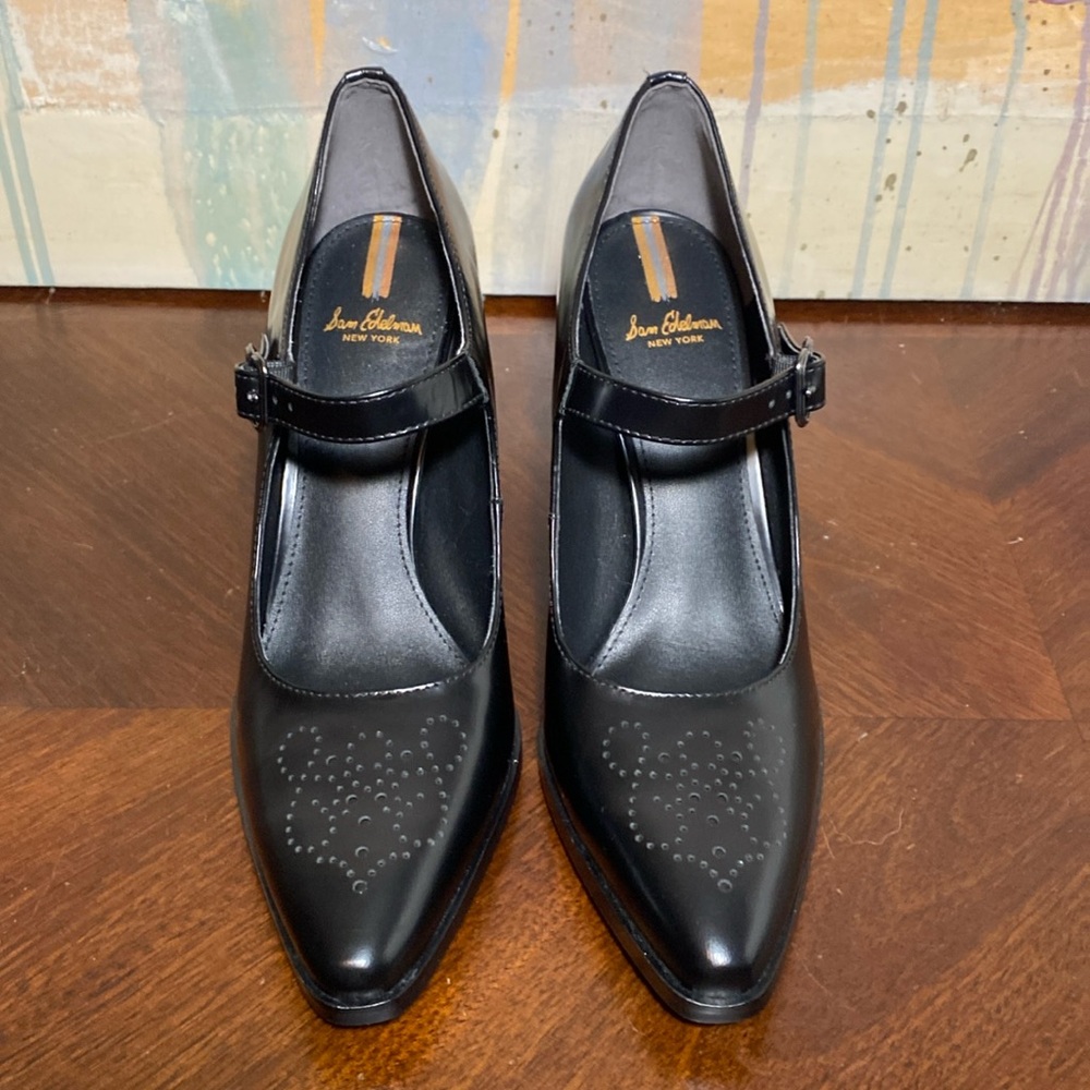 Sam Edelman Aleksa Black  Leather Mary Jane Blocked Heel Pointed Toe Pumps W 7 - Picture 2 of 7